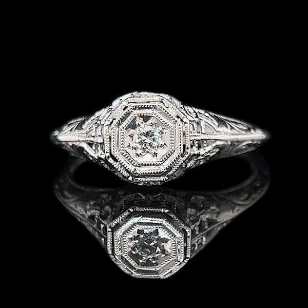 Edwardian .05ct. Diamond Antique Engagement - Fashion Ring 18K White Gold - J40283